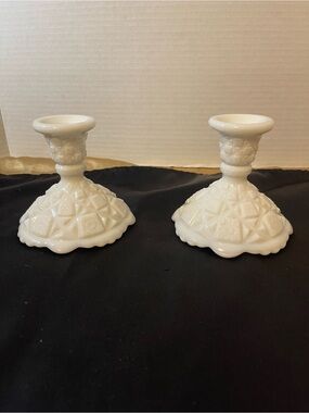 Elegant White Milk Glass Quilt Candlestick Pair